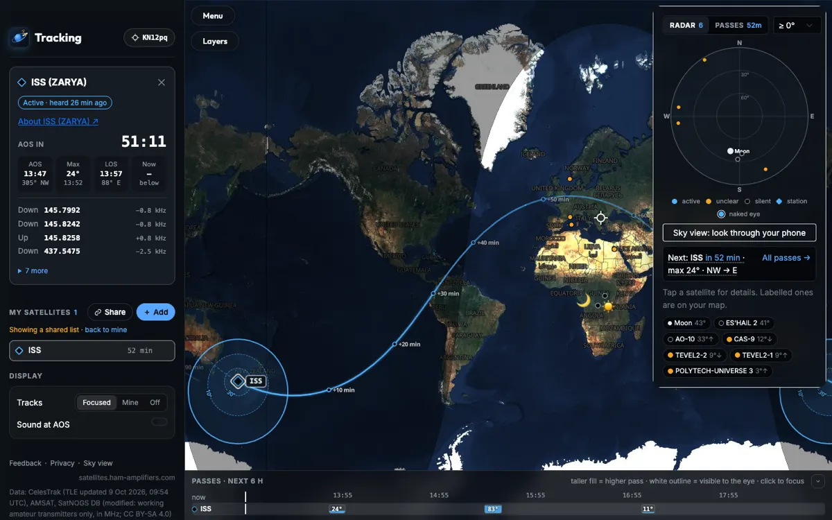 Live map with the ISS in focus: its ground track for the next orbit with 10-minute marks and its radio footprint; the sidebar shows AOS in 51 minutes, maximum elevation 24°, LOS, and downlink and uplink frequencies with the Doppler shift in kHz; the sky radar is in the top right corner